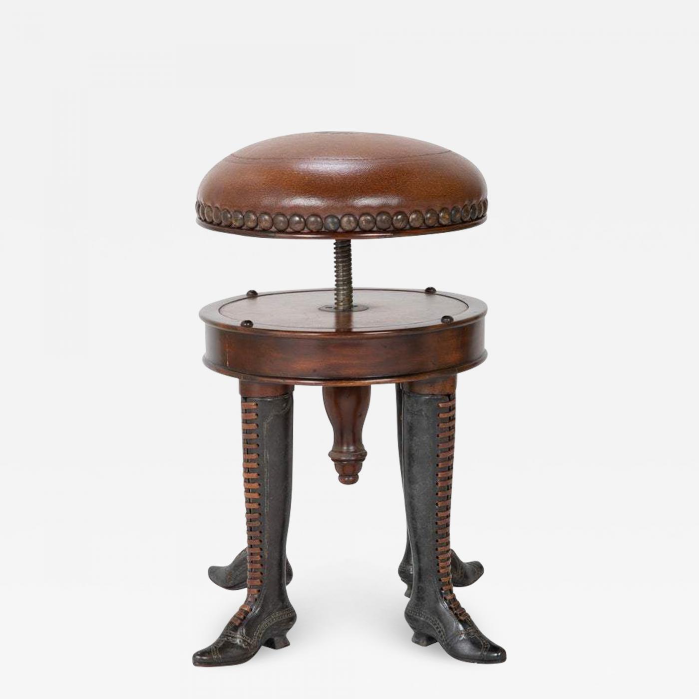 Bronze Four Legged Adjustable Revolving Stool with Leather Upholstered Seat Bronze Four Legged Adjustable Revolving Stool with Leather Upholstered Seat
