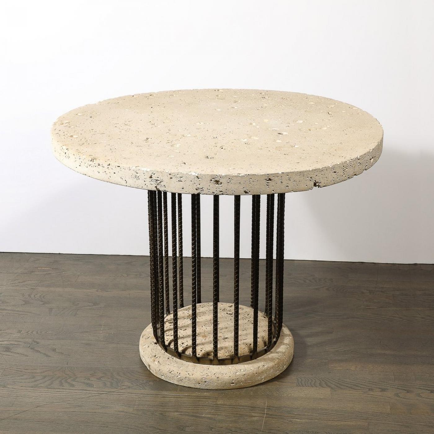 Rebit Stone Tools Table Brutalist Rebar and Fossilized Limestone Dining Table