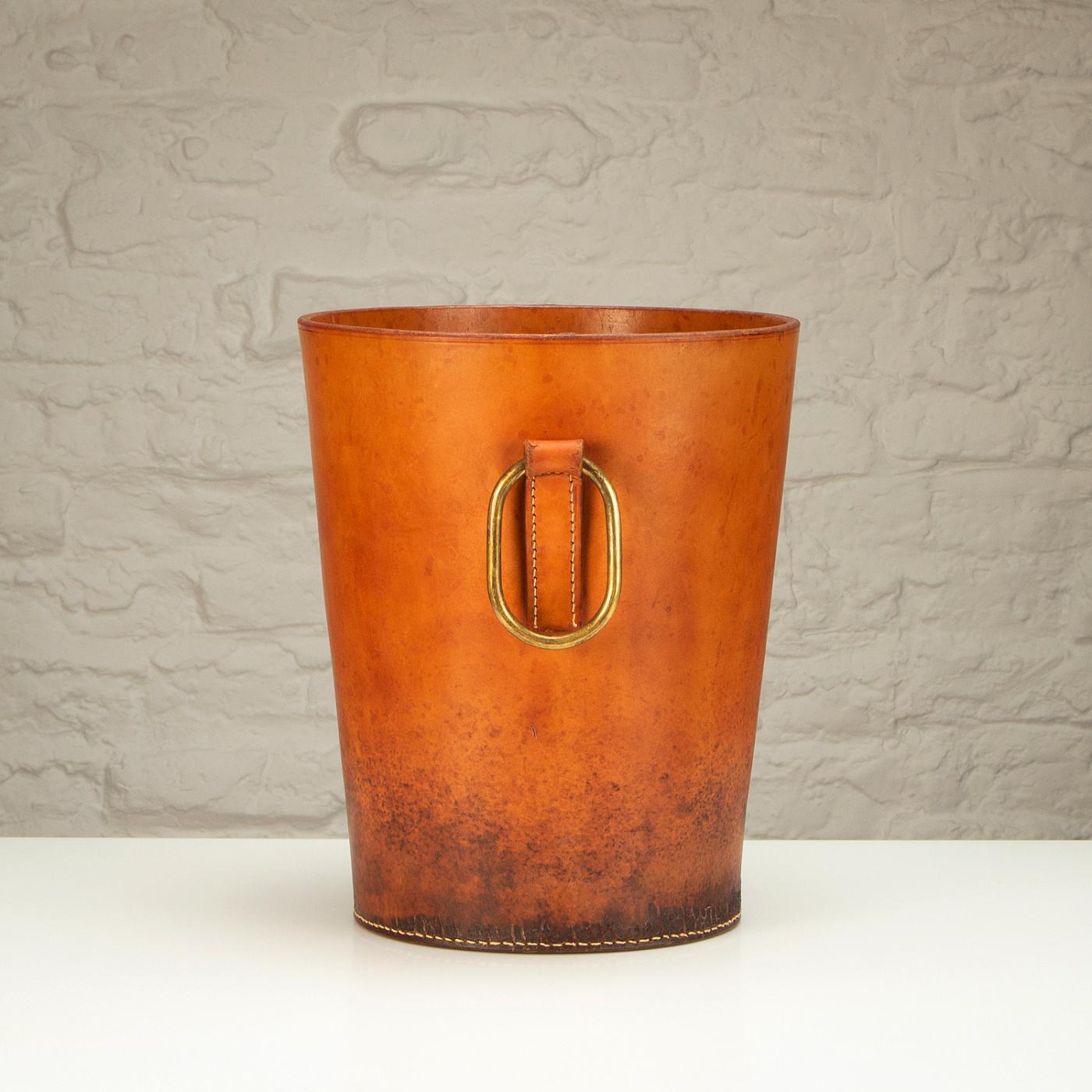 Carl Auböck Carl Auböck Leather and Brass Waste Paper Basket, Austria