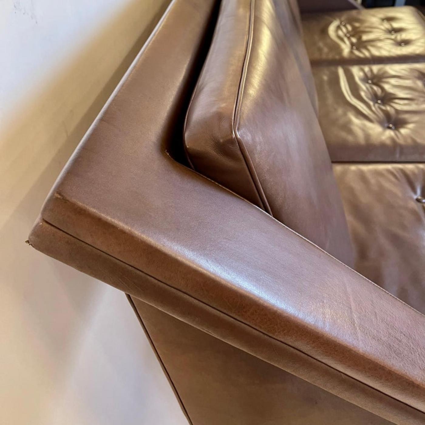 Charles Ramos MidCentury Modern Brown Leather Sofa with Tapered Gilt Metal Legs by C. Ramos