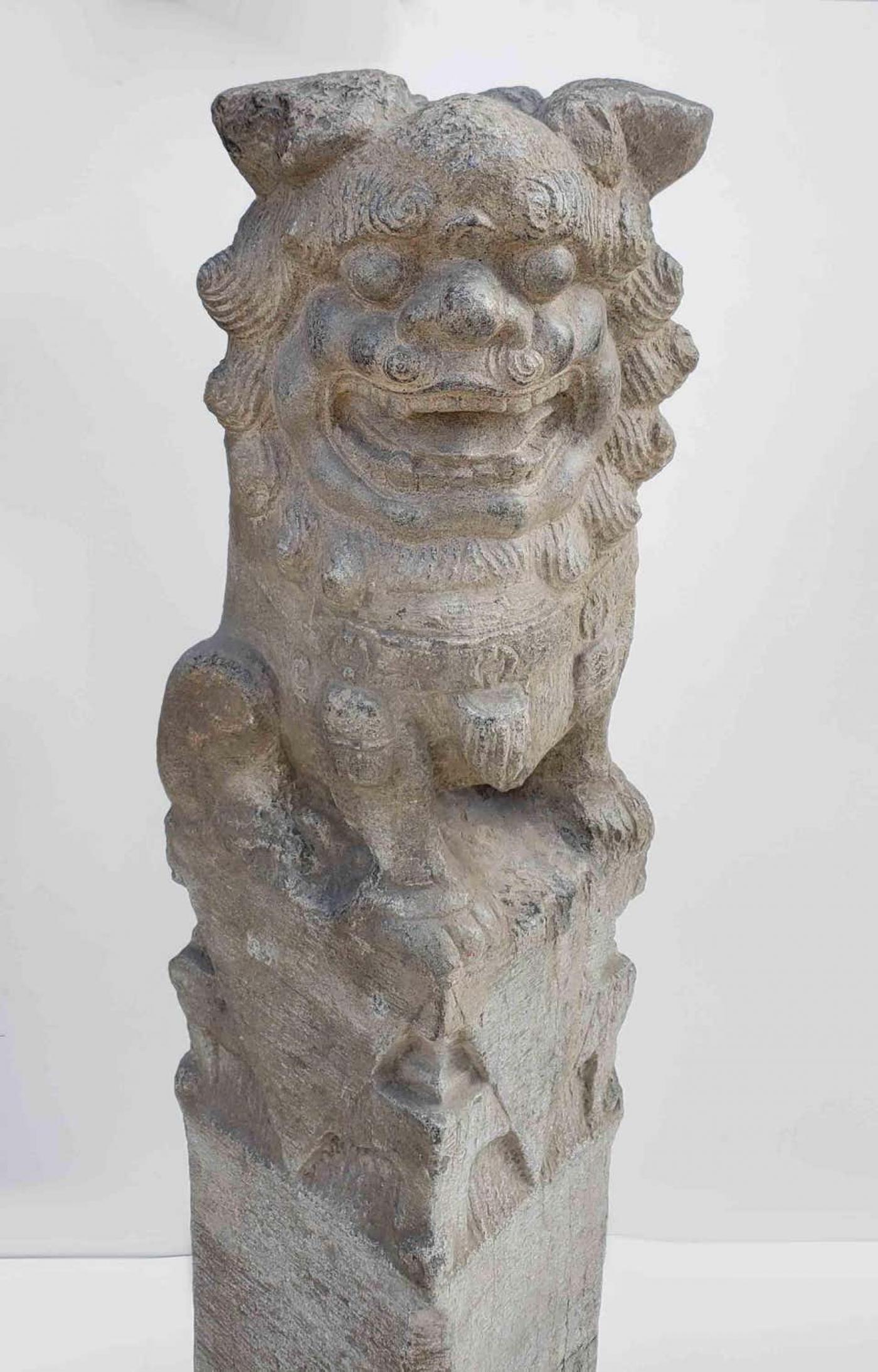 Chinese Foo Dog Hitching Post Sculpture in Solid Granite, 19th Century