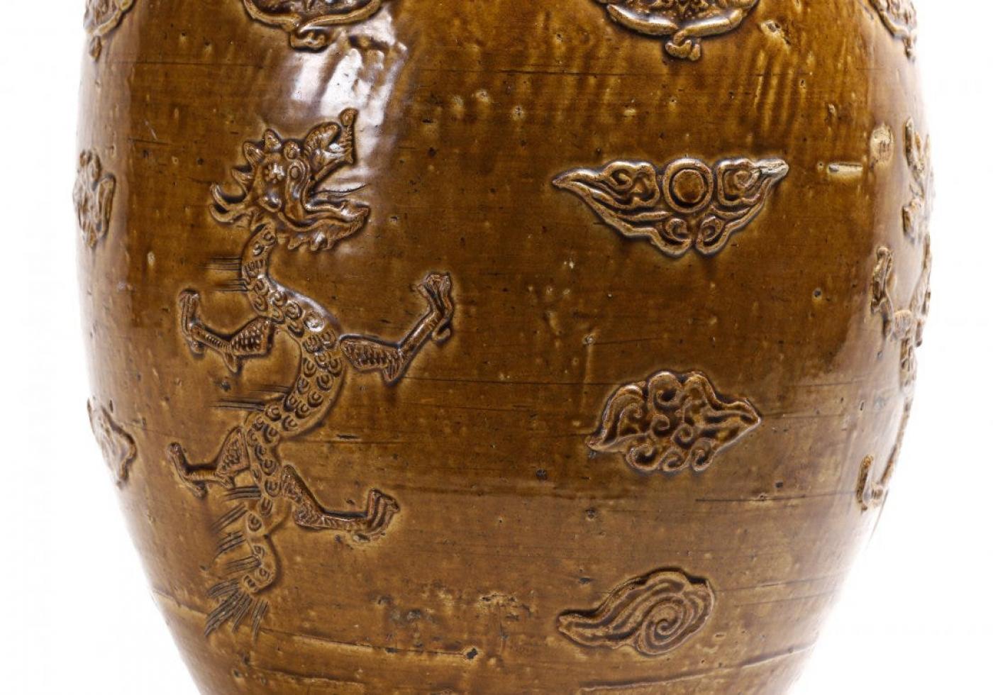 Chinese Stoneware Storage Martaban Jars with Dragon Relief