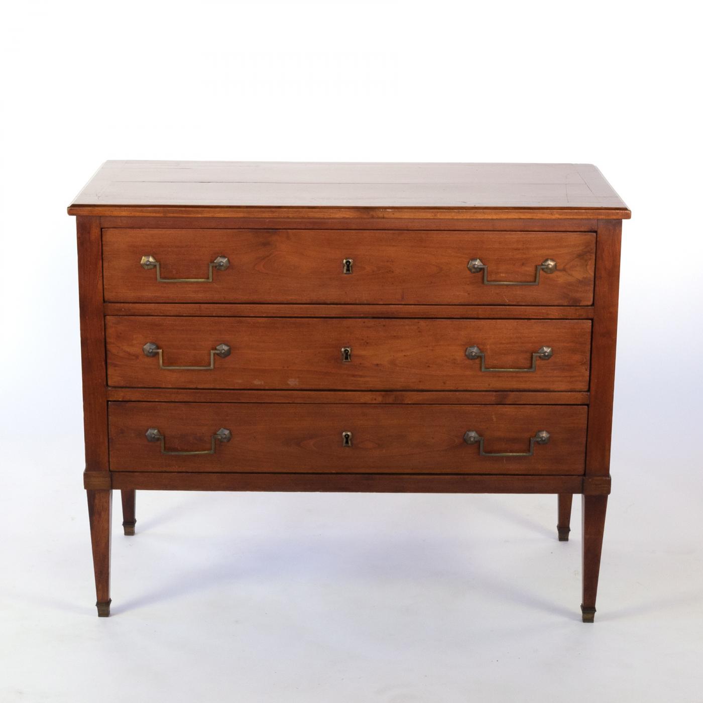 Clean-Lined Cherry Wood Three Drawer Commode With Brass Hardware