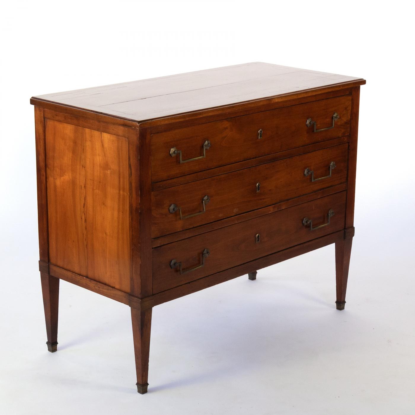 Clean-Lined Cherry Wood Three Drawer Commode With Brass Hardware