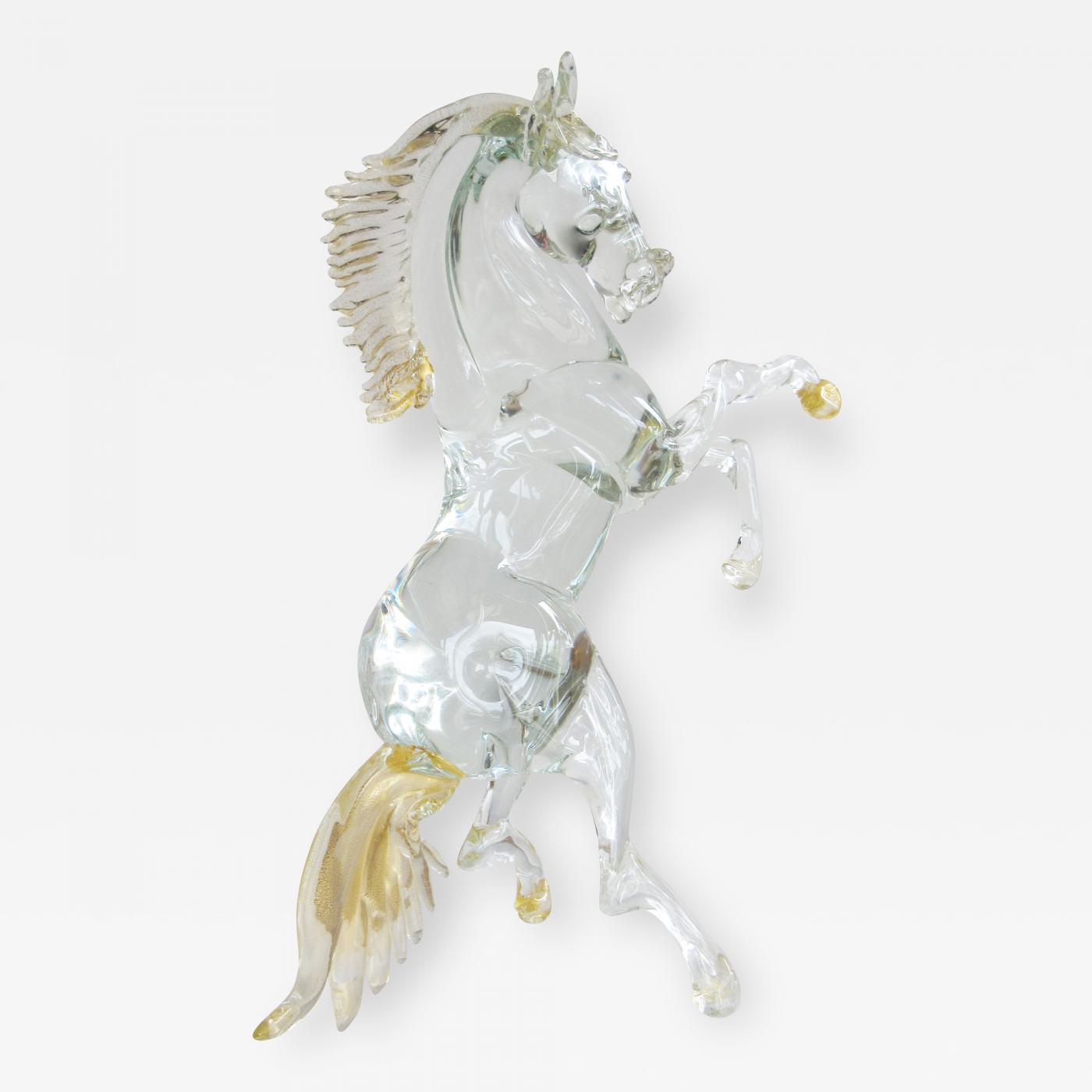 Clear Murano Glass Rearing Horse Sculpture with Gold Flecks