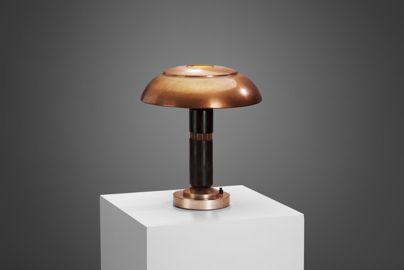 Copper and Wood Art Deco Table Lamp, Europe ca 1930s