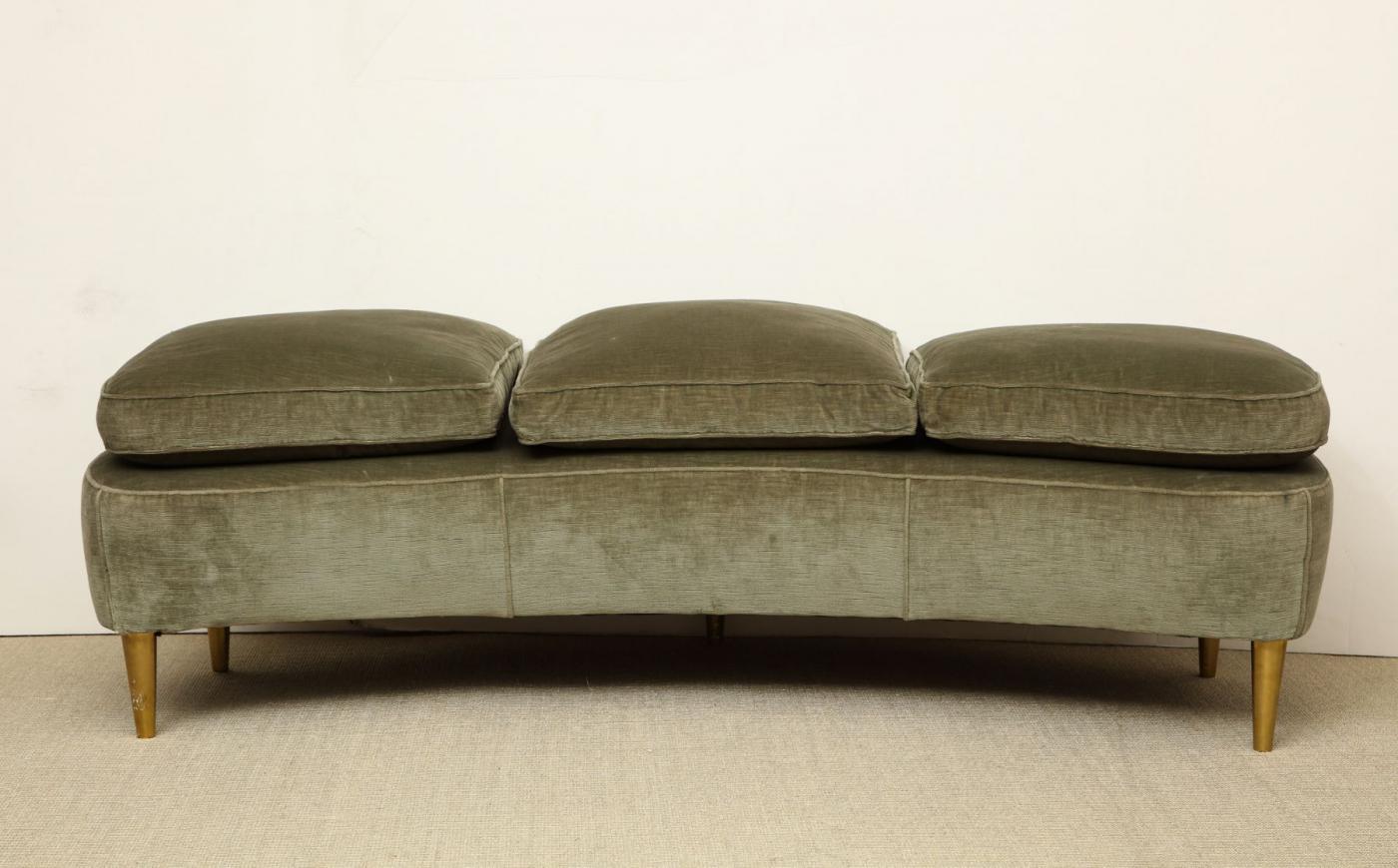 Curved Bench in Original Sage Velvet Upholstery, Italy c. 1950