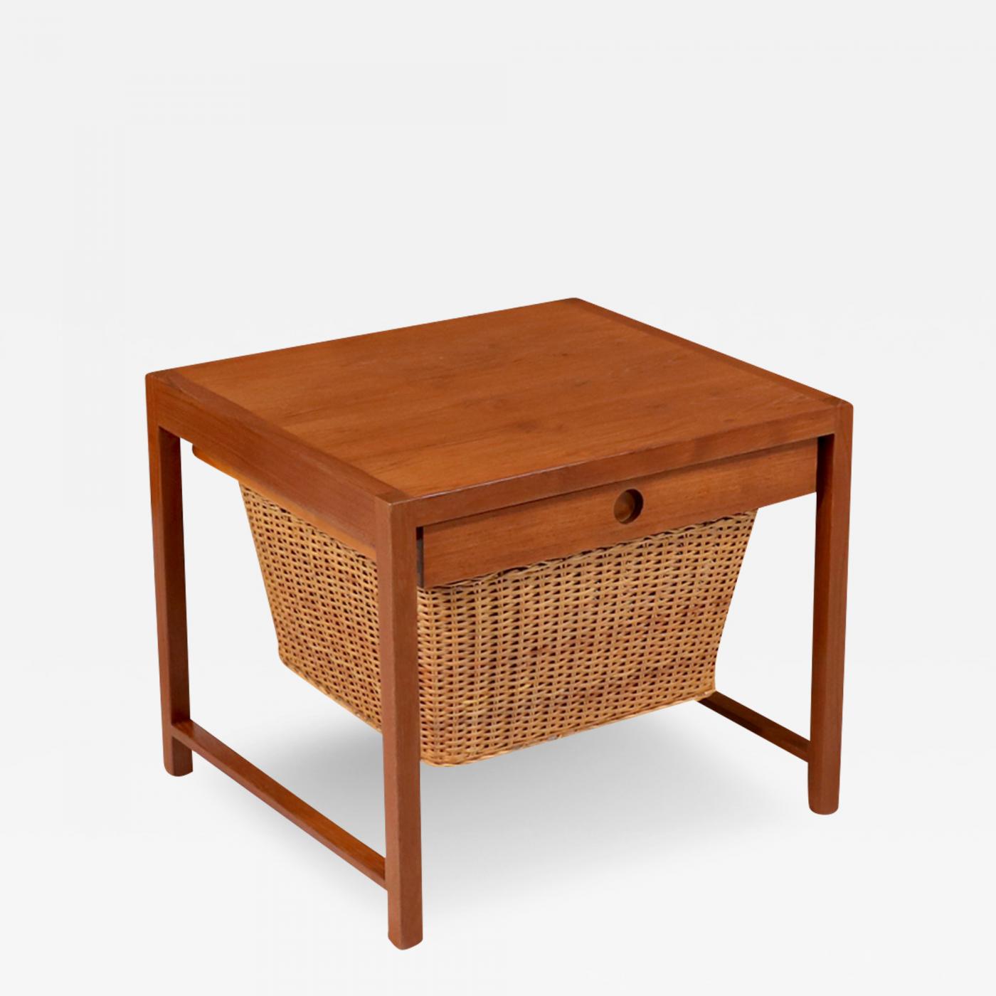 Danish Modern Teak Sewing Side Table with Wicker Basket