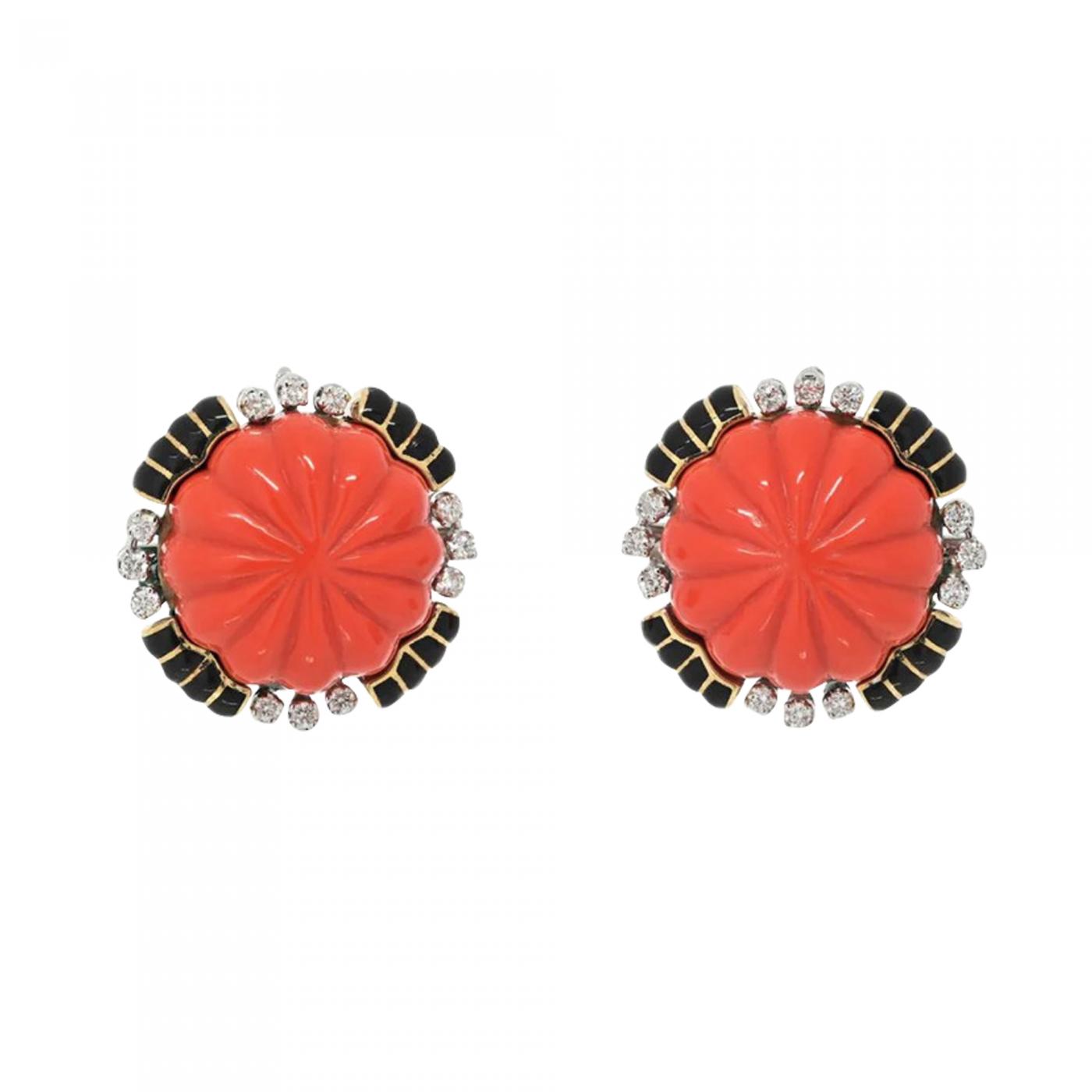 David Webb - 18K Yellow Gold Orange Enamel Clip On Earrings