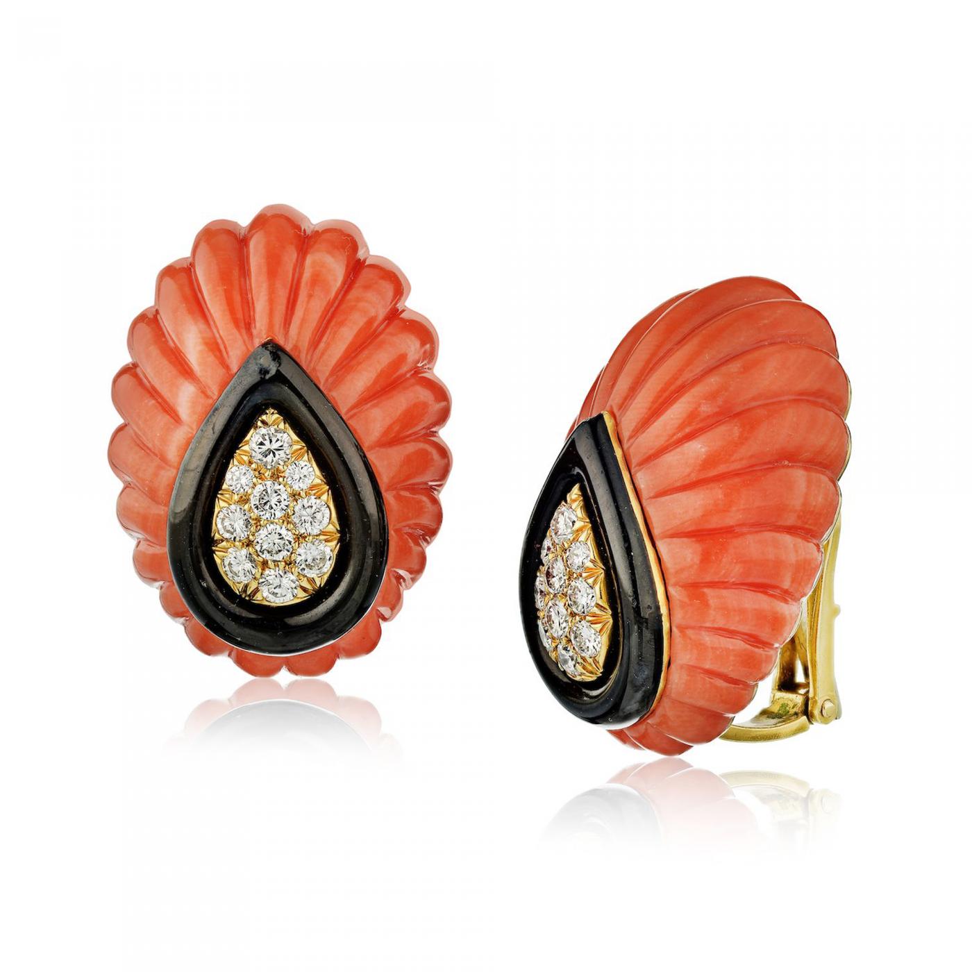 David Webb - 18K Yellow Gold Orange Enamel Clip On Earrings