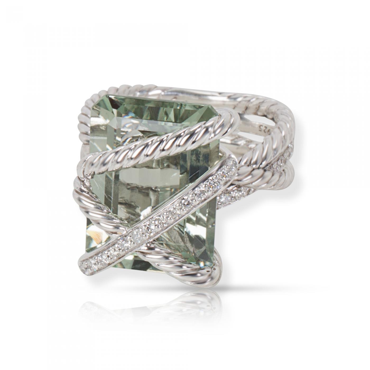 cable wrap ring with prasiolite and diamonds