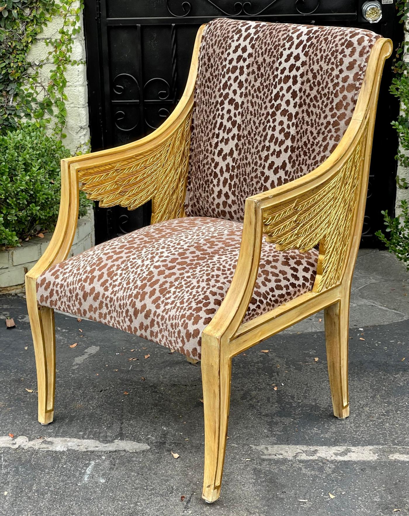 Egyptian Style Winged Neoclassical Giltwood Arm Chair W Cheetah Velvet