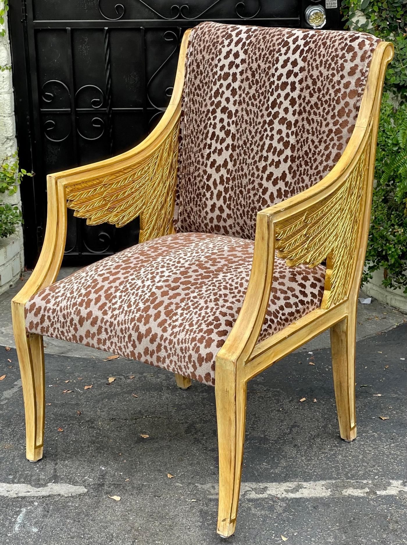 Egyptian Style Winged Neoclassical Giltwood Arm Chair W Cheetah Velvet