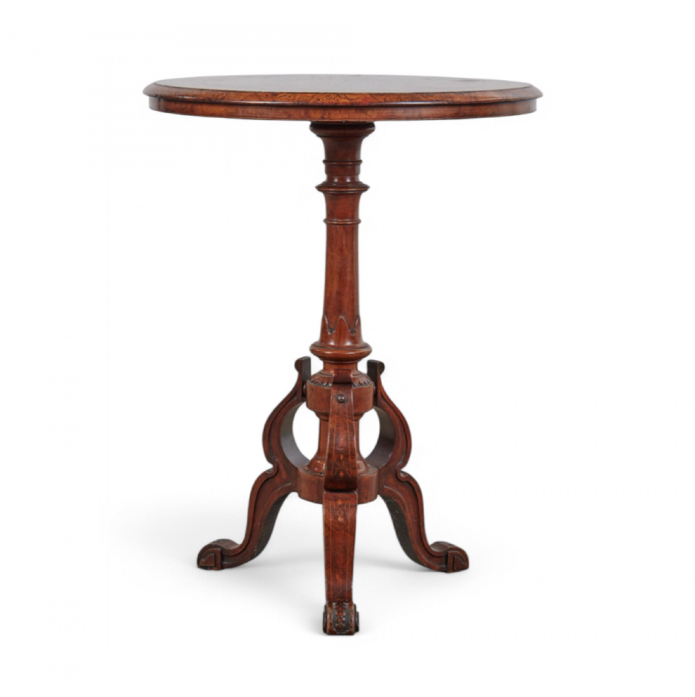 English Inlaid Burl Walnut Circular Occasional/Side Tripod Table