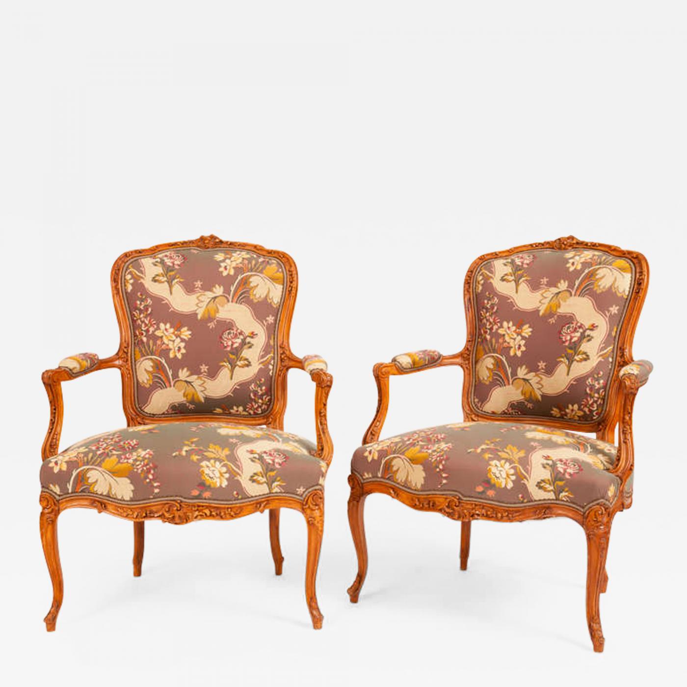 Pair of Louis XV style armchairs, curved armrests and legs, France