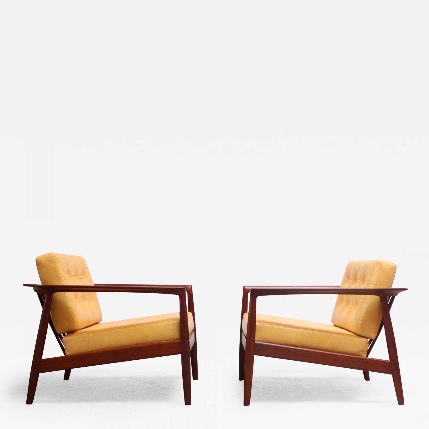 Folke Olhsson Swedish Modern Leather And Teak Lounge Chairs