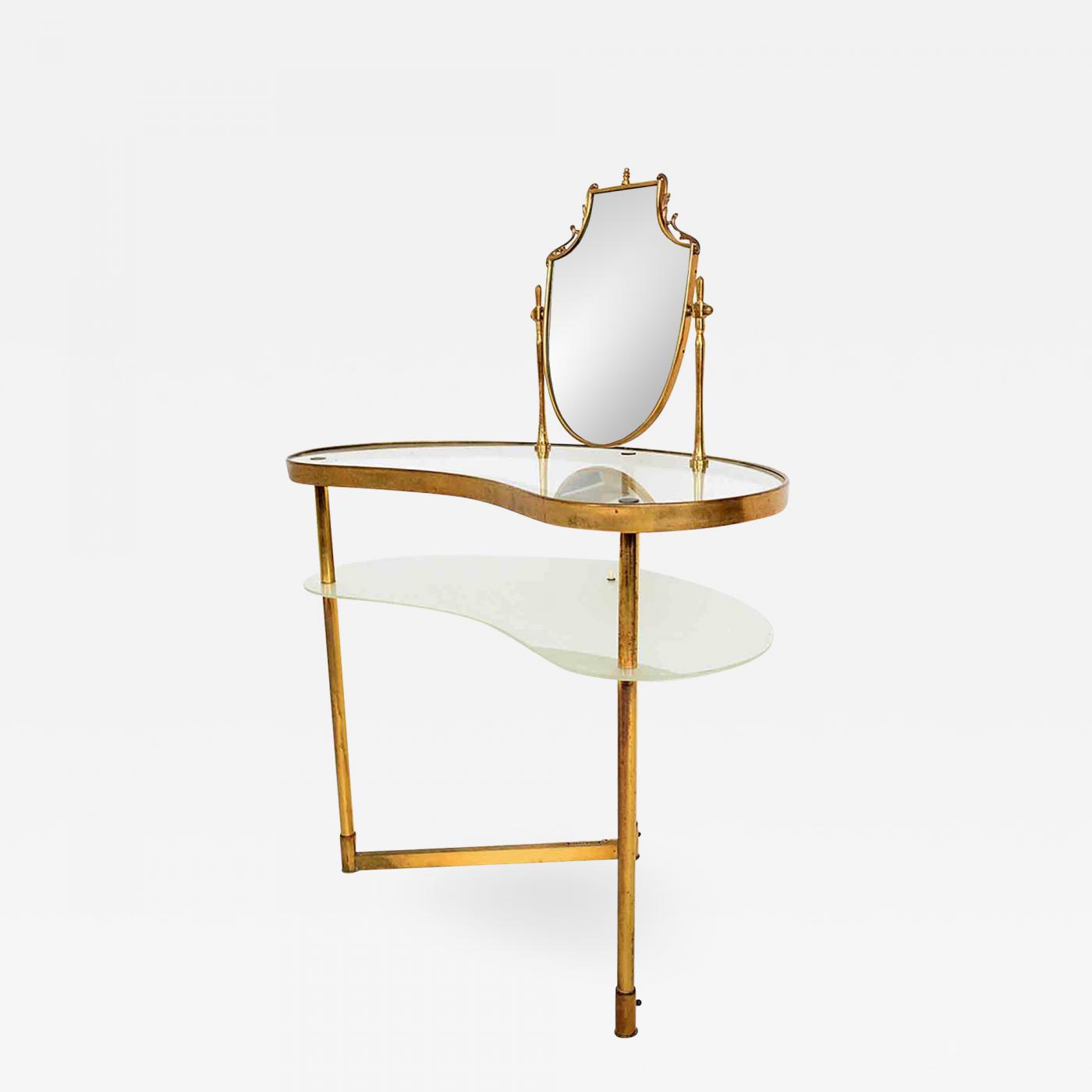 Fontana Arte Italian Gold Vanity Table With Mirror Sculptural Style 1940s Fontana Arte Italian Gold Vanity, Gold Glass Vanity Table