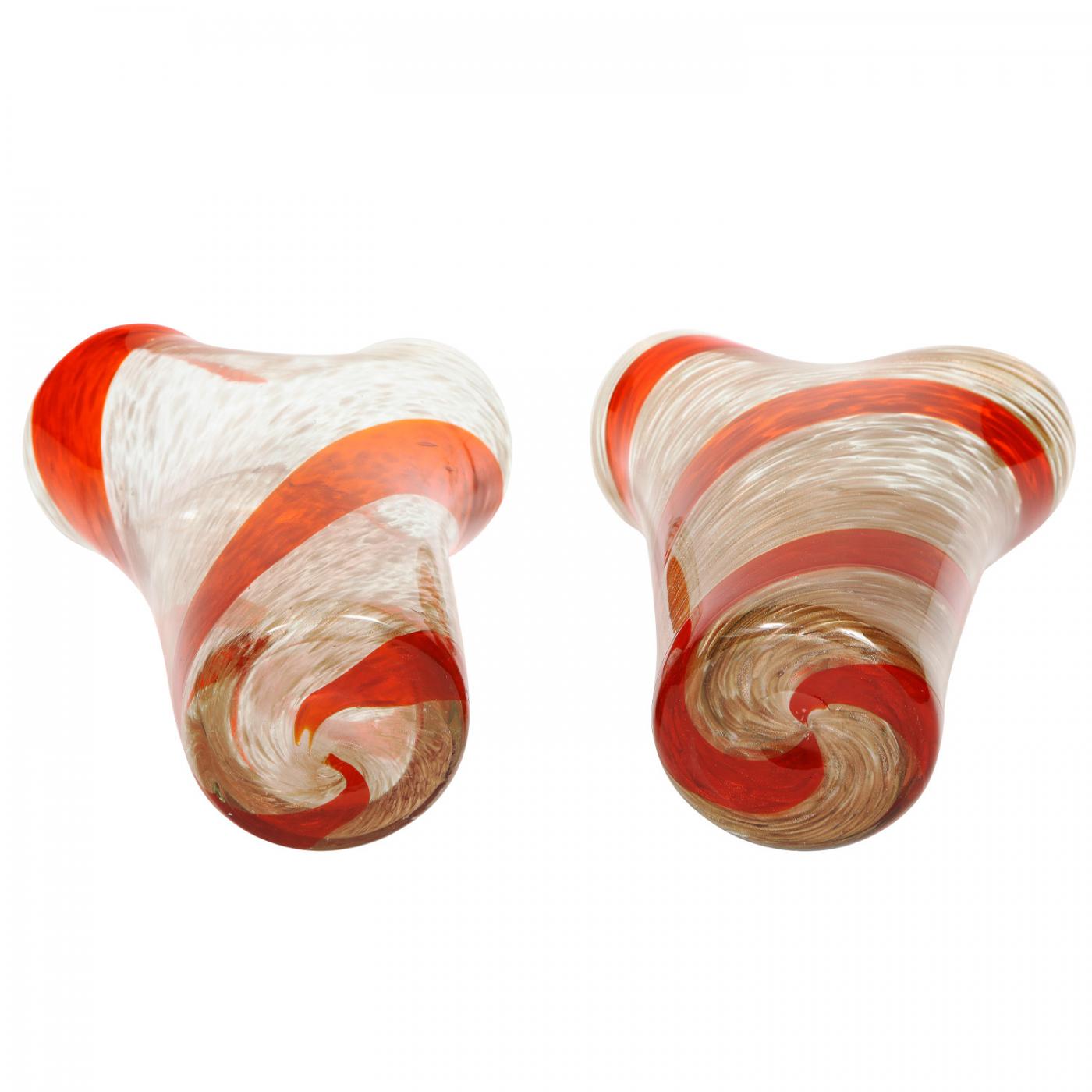 Fratelli Toso Fratelli Toso Pair Of Pinched Top Glass Vases With Red Spiral 1950s