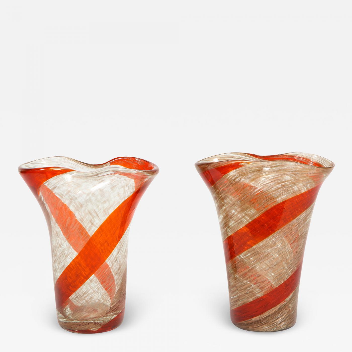 Fratelli Toso Fratelli Toso Pair Of Pinched Top Glass Vases With Red Spiral 1950s