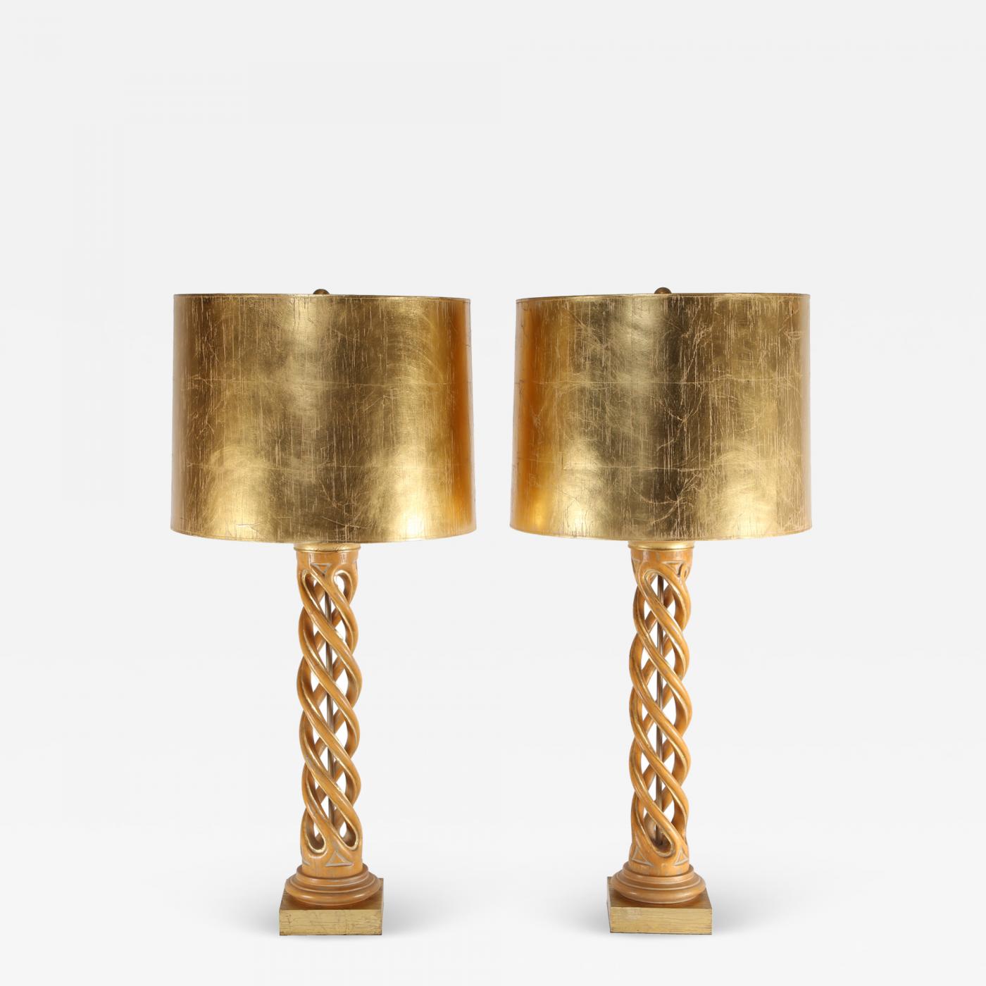 Frederick Cooper Lamp Co. - Pair of Monumental Table Lamps in Bleached  Mahogany with Gilt Shades 1950s