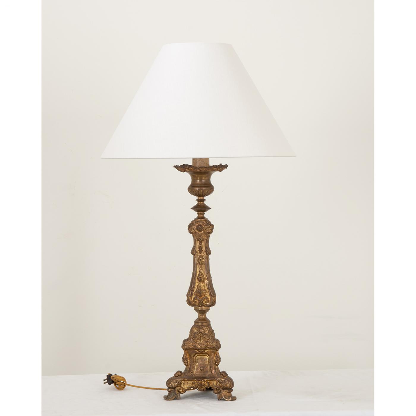 French 19th Century Brass Altar Candlestick Lamp and Shade