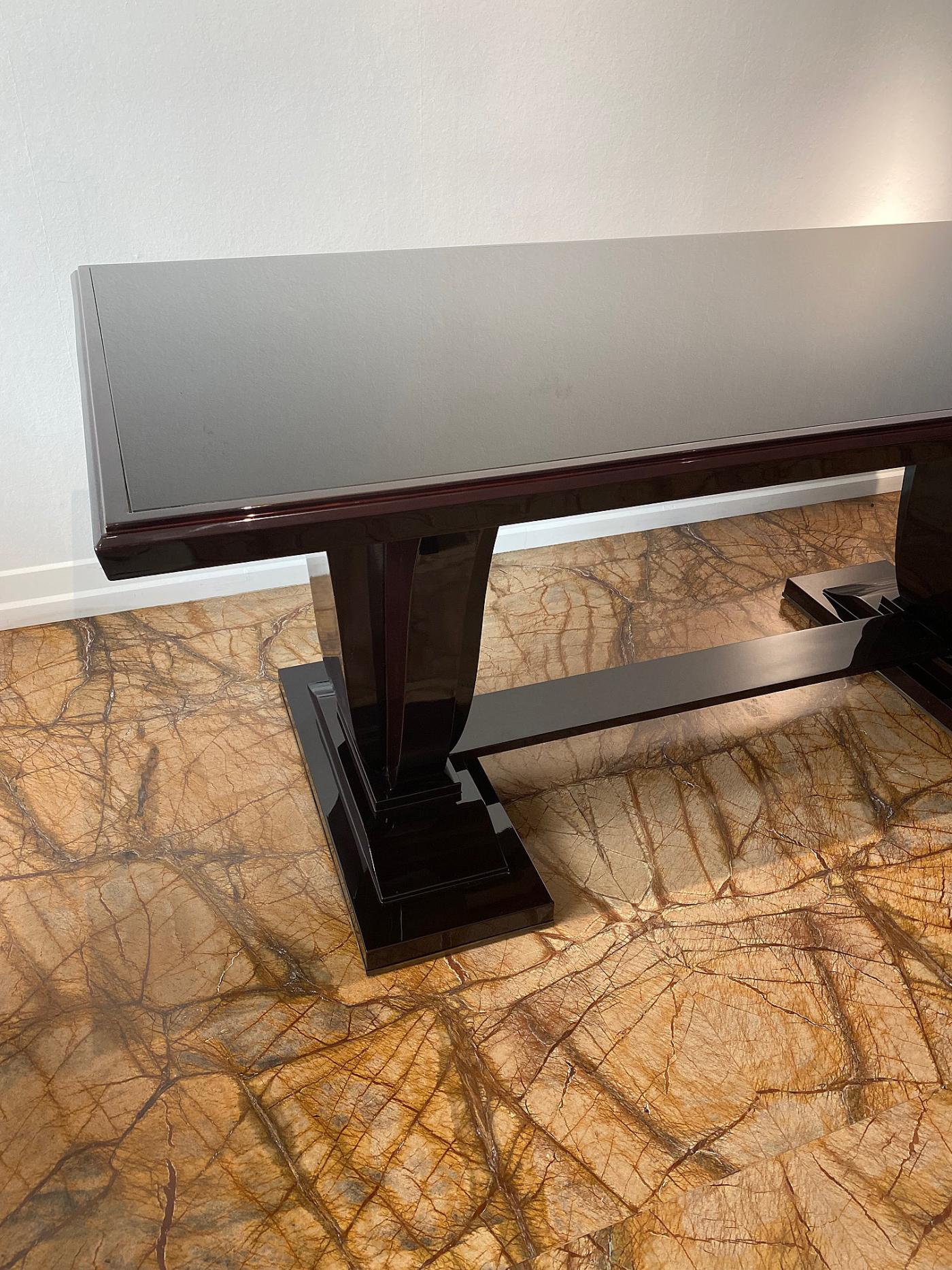 French Art Deco Dining Table with Black Glass Top