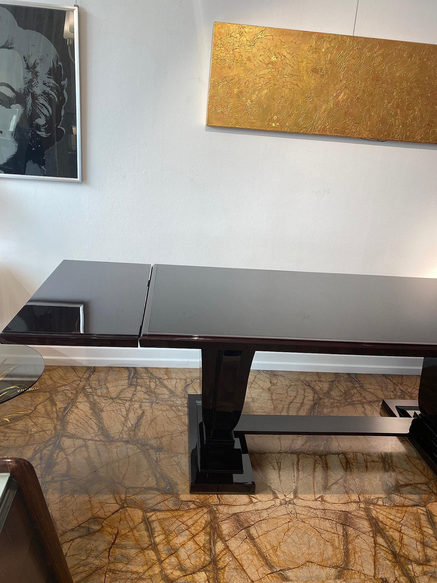 French Art Deco Dining Table with Black Glass Top
