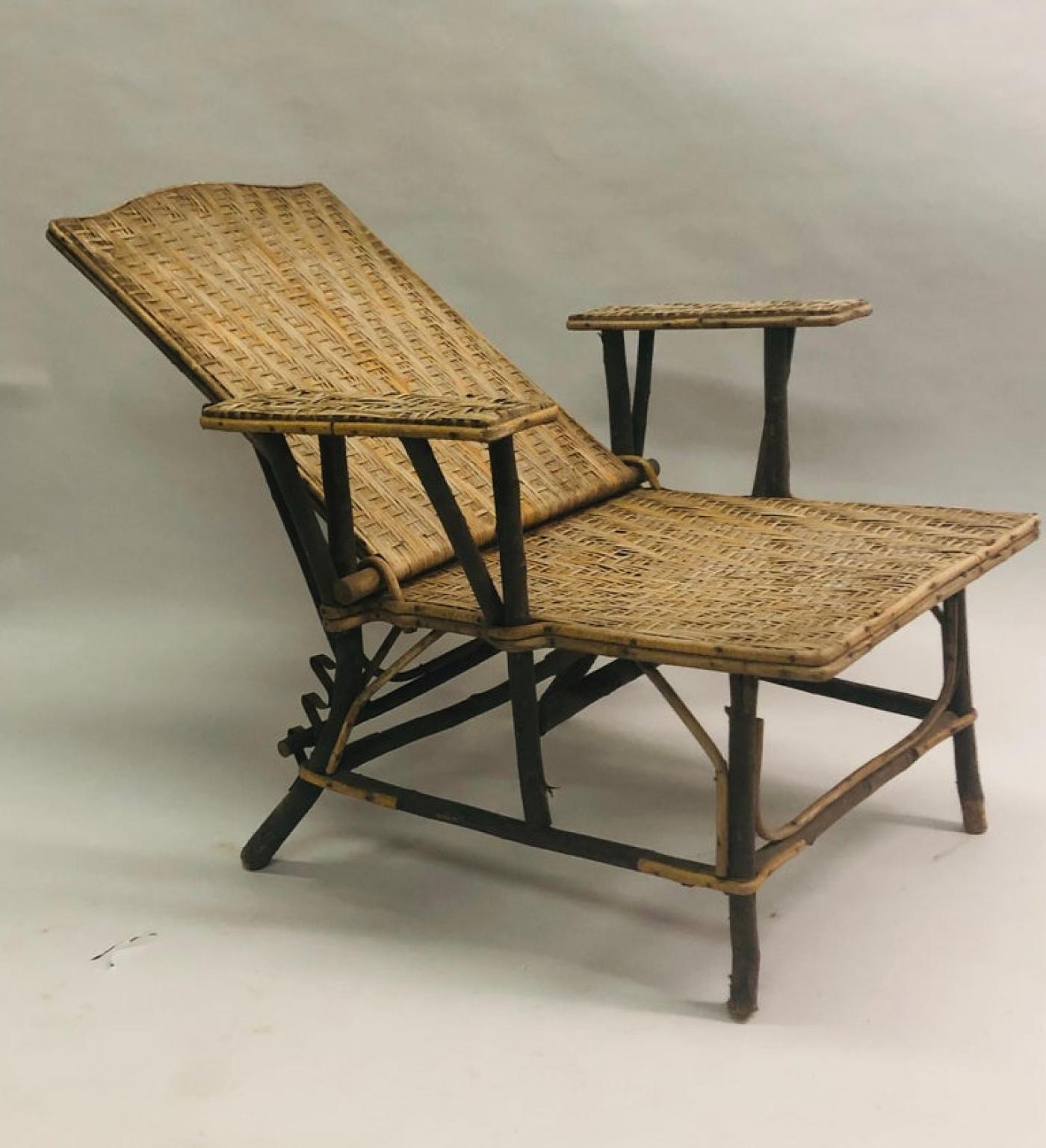 French Art Deco Rattan Lounge Chair / Recliner / Chaise Longue, 1920