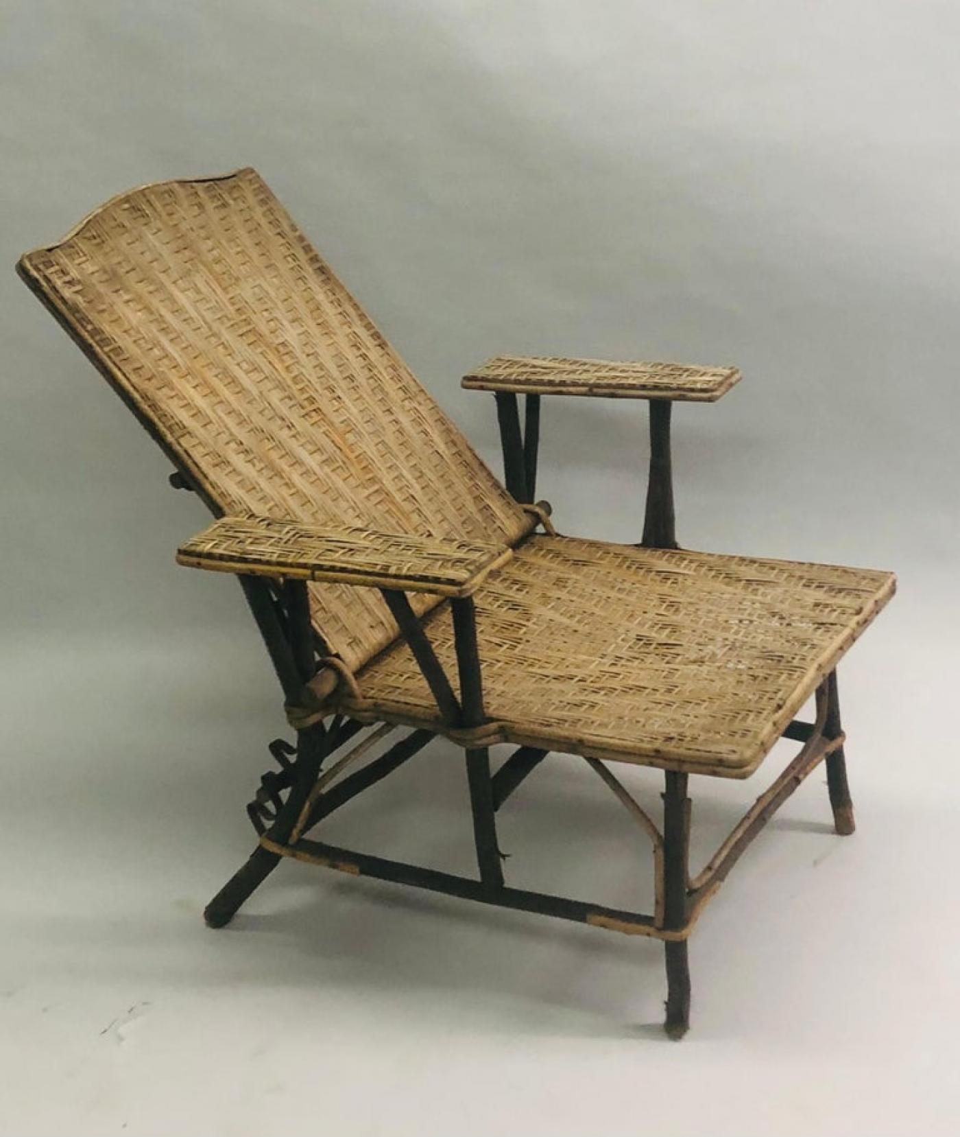 French Art Deco Rattan Lounge Chair / Recliner / Chaise Longue, 1920