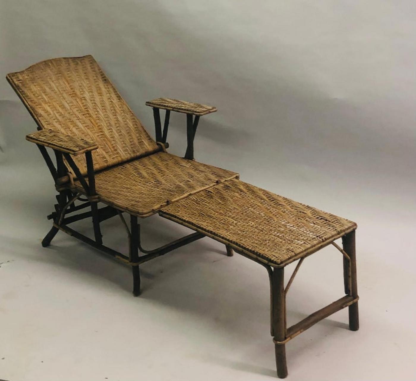 French Art Deco Rattan Lounge Chair / Recliner / Chaise Longue, 1920