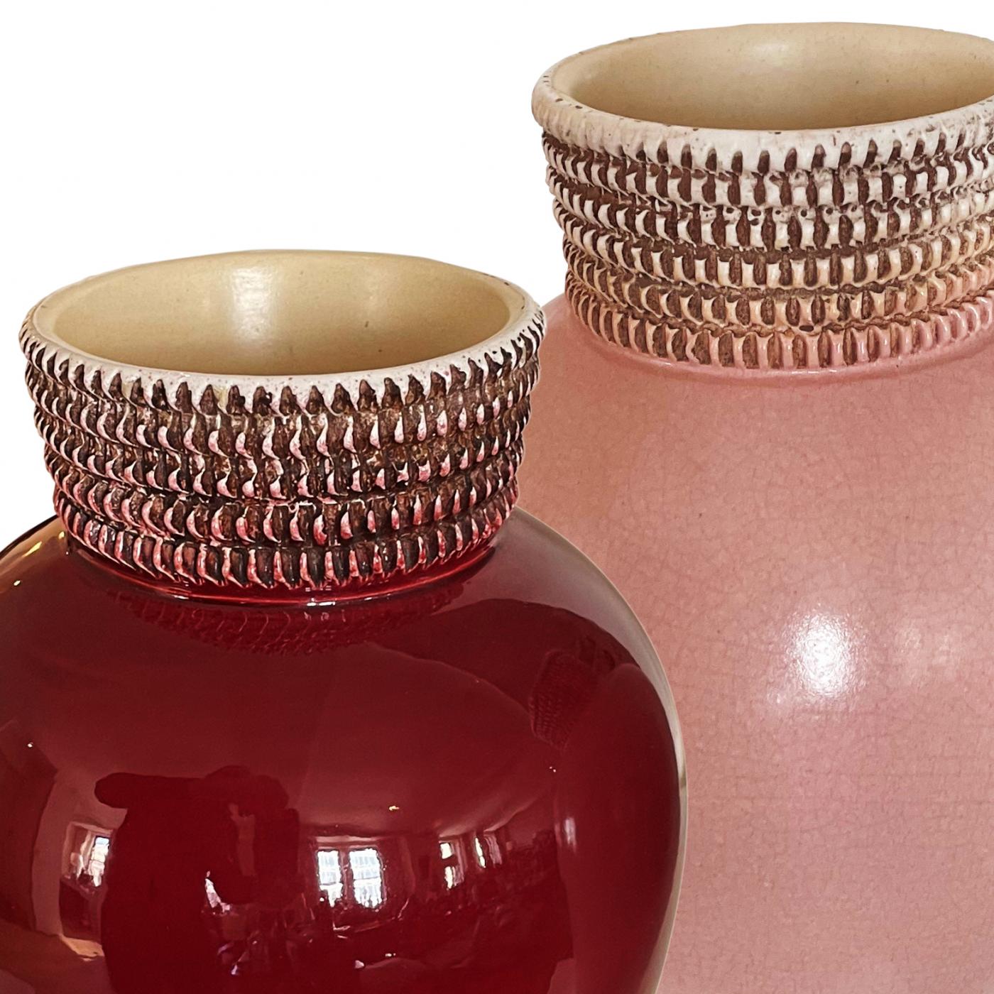 French Art Deco Vases in Rose and Berry Hued Glazes
