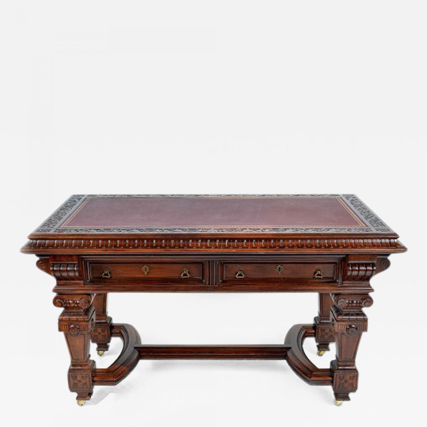 French Renaissance Revival Library Table Writing Desk Walnut