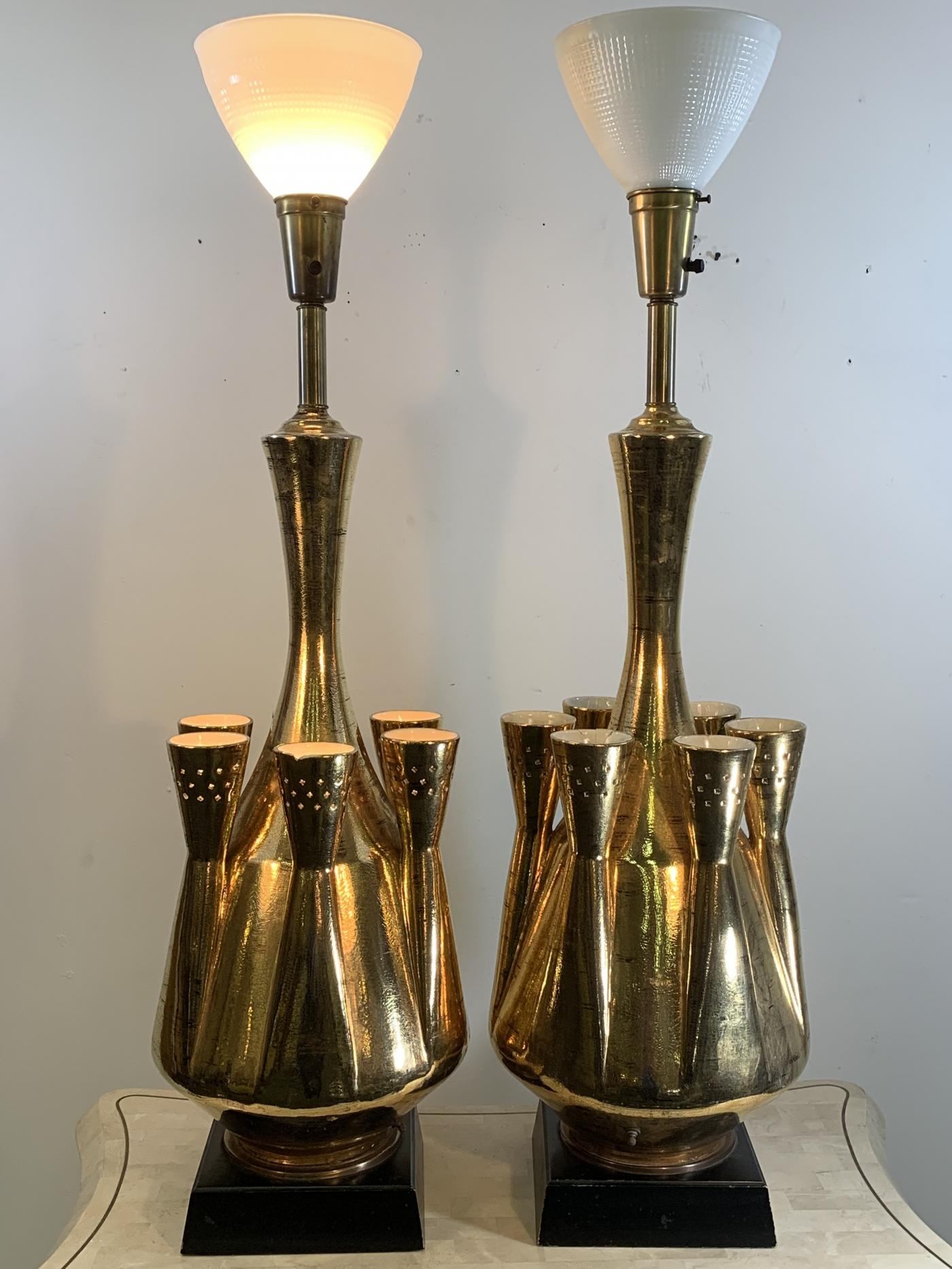 Jouve MONUMENTAL PAIR OF GOLD GLAZED CERAMIC LAMPS IN THE