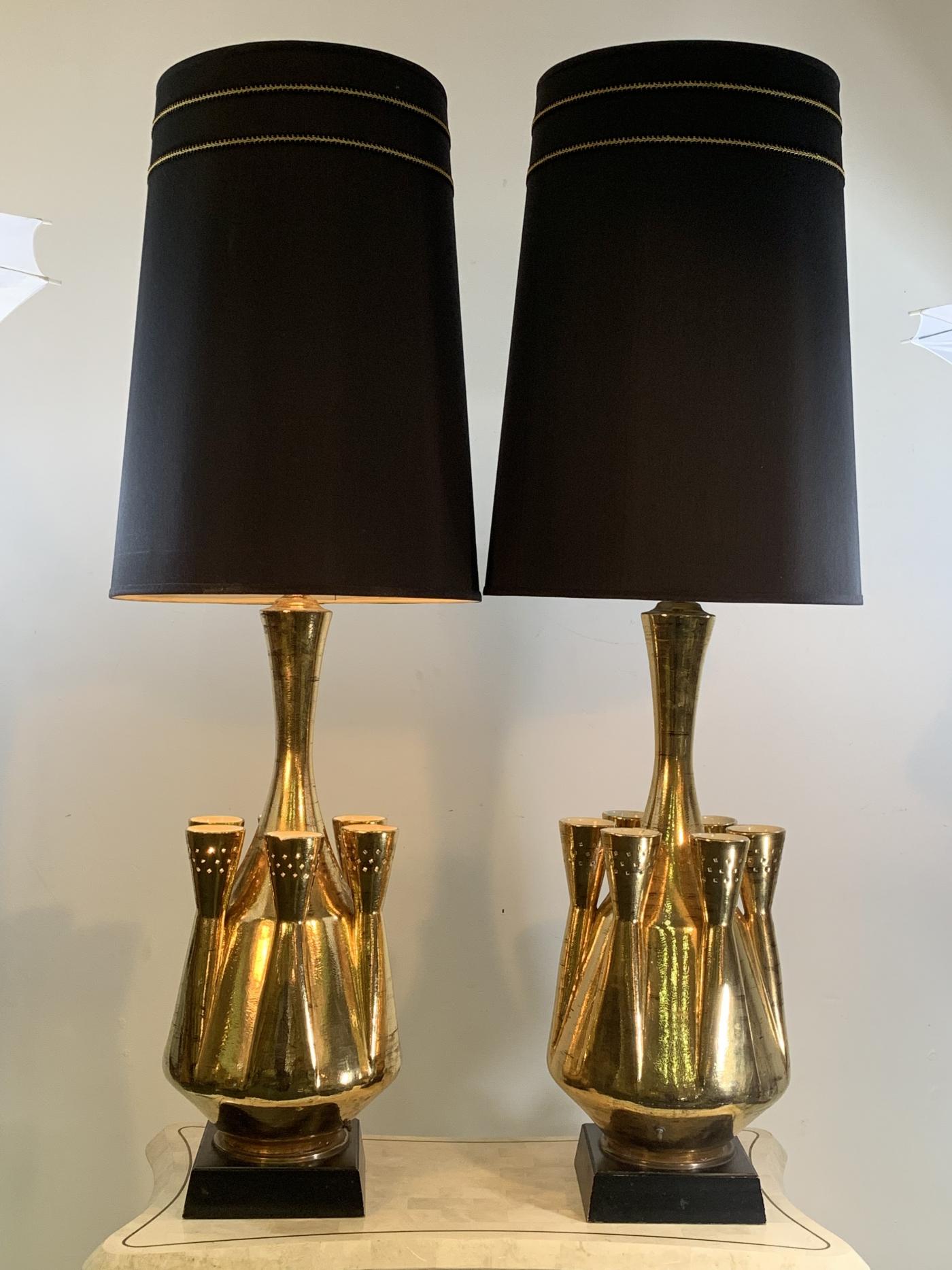 Jouve MONUMENTAL PAIR OF GOLD GLAZED CERAMIC LAMPS IN THE