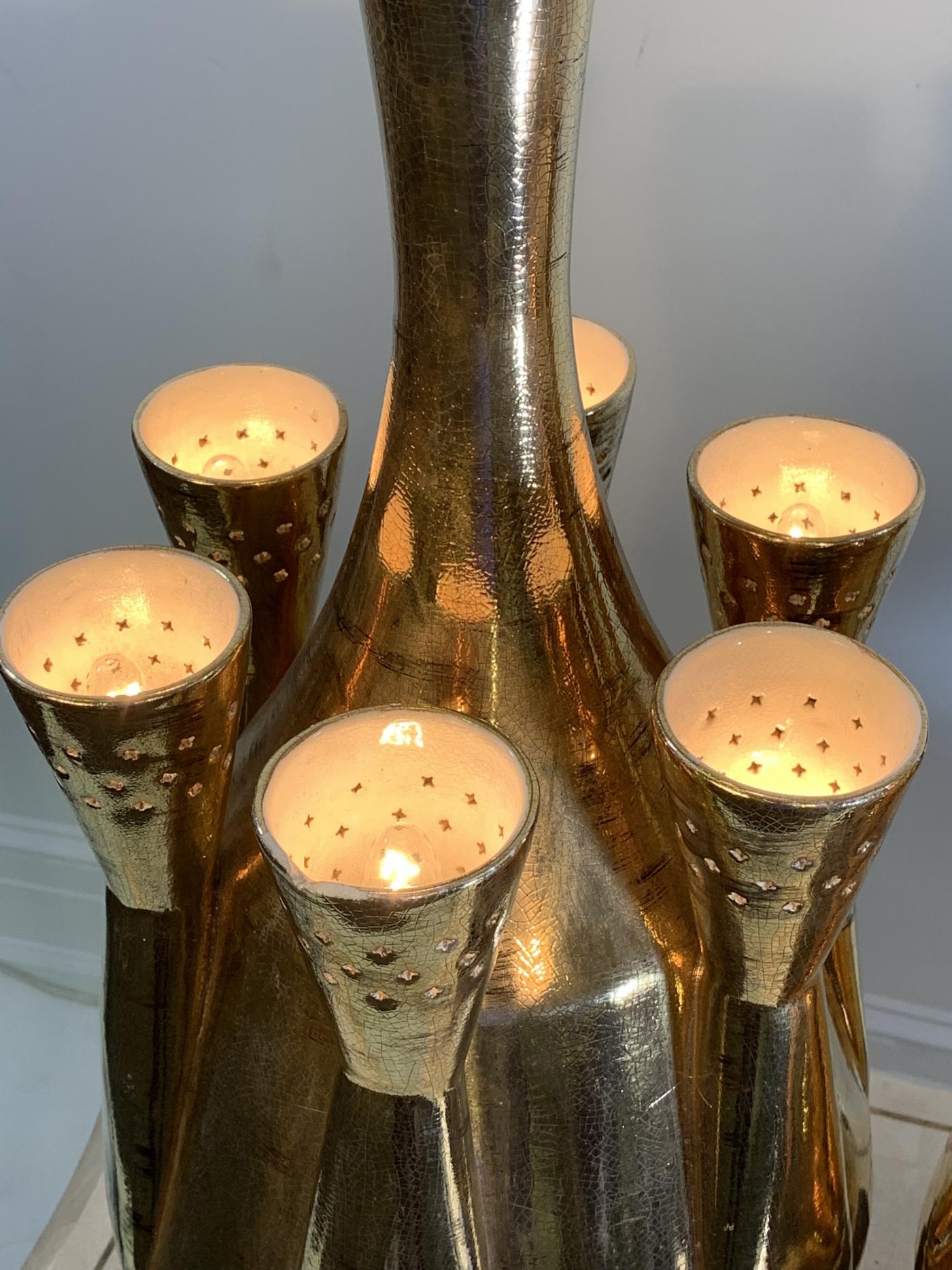 Jouve MONUMENTAL PAIR OF GOLD GLAZED CERAMIC LAMPS IN THE