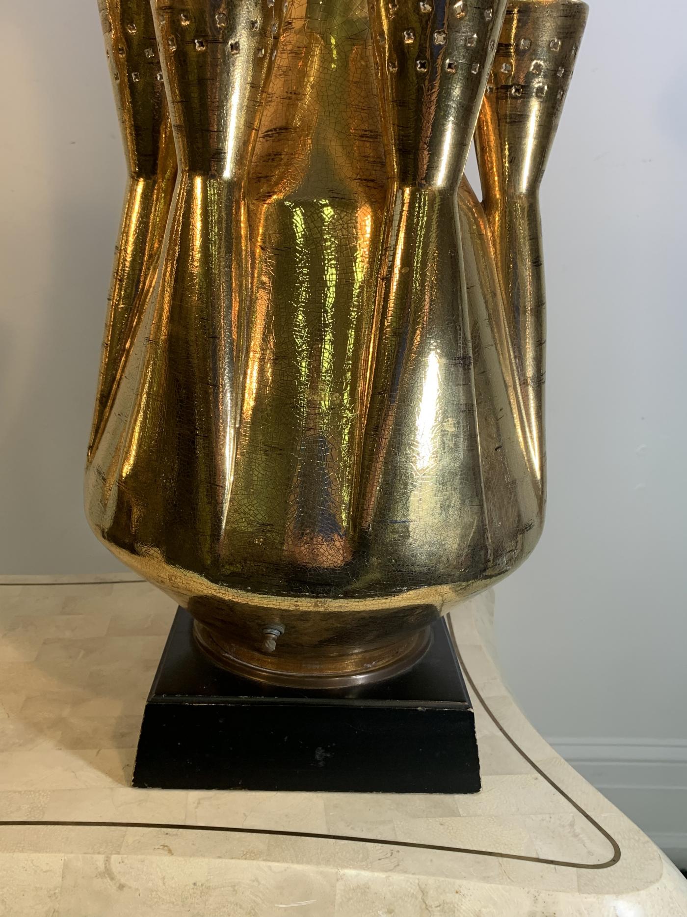 Jouve MONUMENTAL PAIR OF GOLD GLAZED CERAMIC LAMPS IN THE