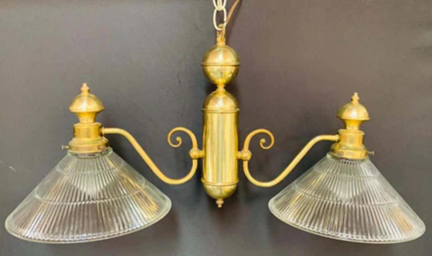 Brass Two Flared Glass Shades Pendant or Chandelier