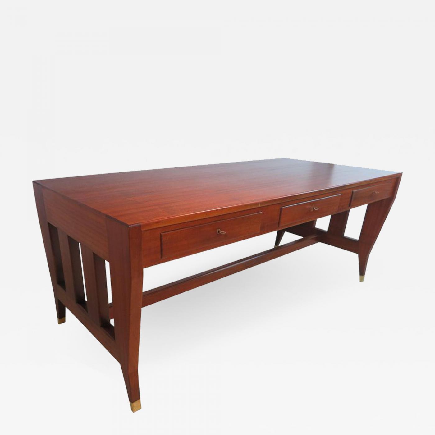 Gio Ponti Large Desk Library Table With 3 Drawers And Brass Sabots