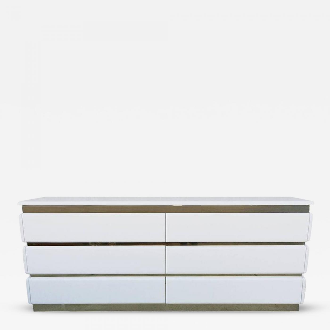 Glossy White Lacquer And Brass Six Drawer Dresser By Rougier