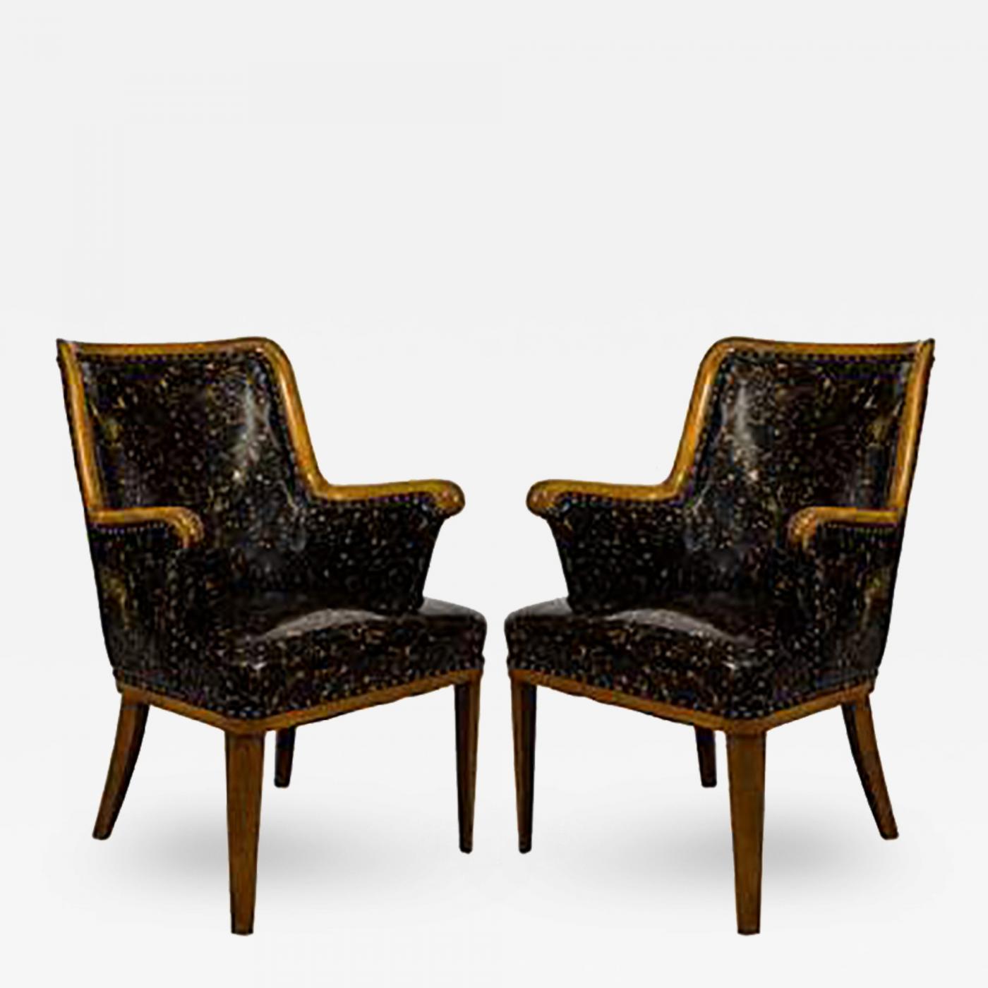 Great Hollywood Regency Pair Of Armchairs In A Patent Tortoise Shell Upholstery