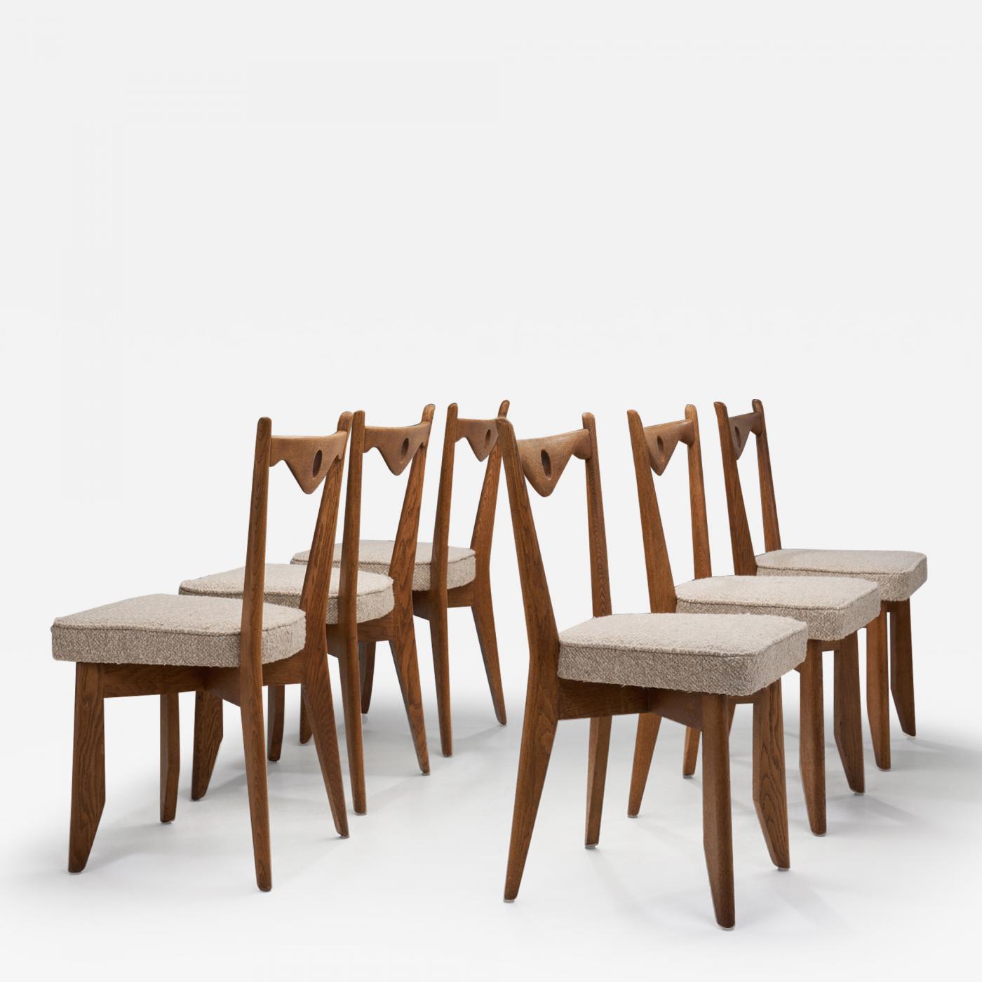 Guillerme et Chambron Rare Set of Oak Chairs with Seats in Bouclé, France  1960s