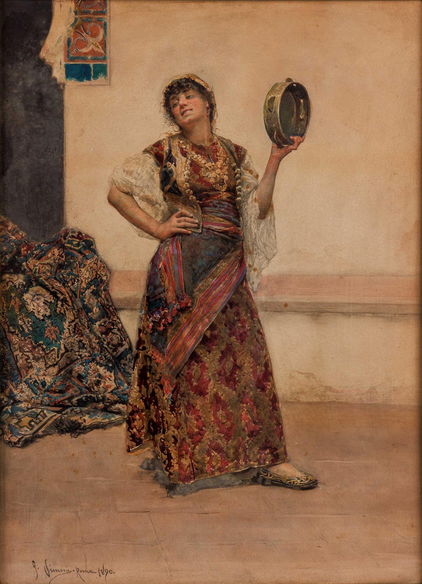 Orientalist / Orientalism - Gustavo Simoni (Italian, 1845-1926) A  Watercolor of An Orientalist Dancer 1890