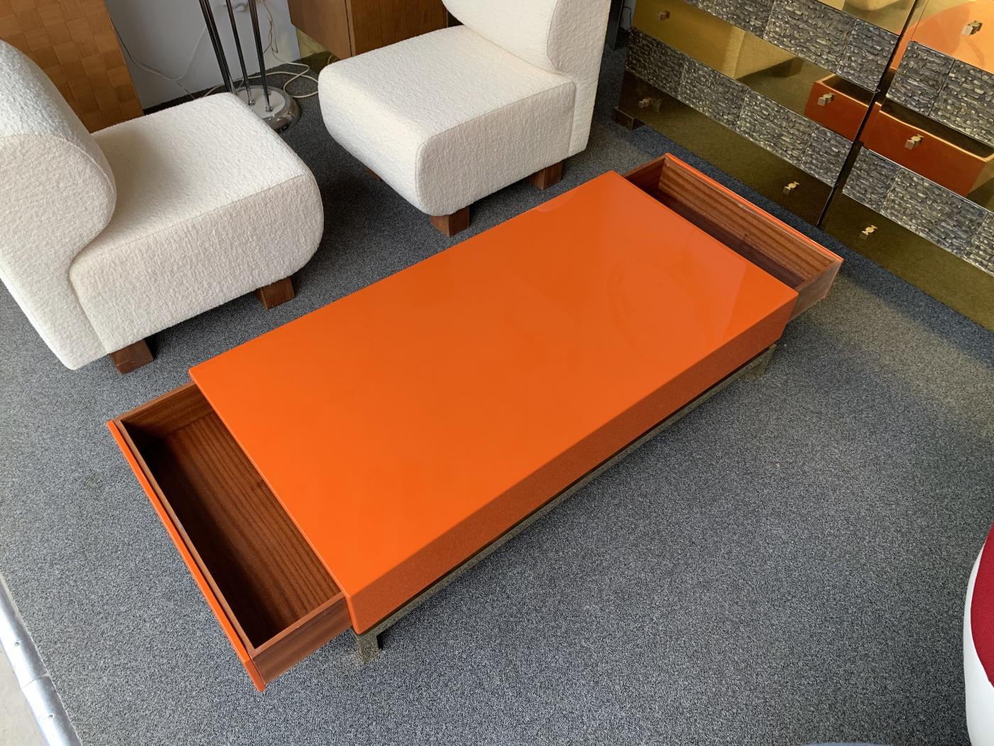 Guy LeFevre Lacquered Coffee Table and Brass by Guy Lefevre, France