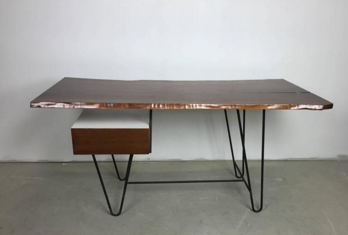 Hairpin Desk with Floating Drawer and Custom Free Edge Walnut Top