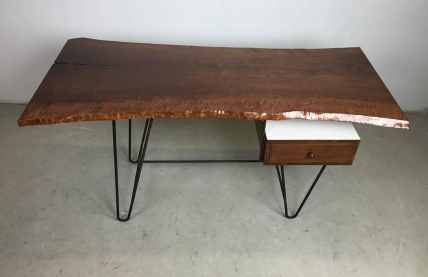 Hairpin Desk with Floating Drawer and Custom Free Edge Walnut Top