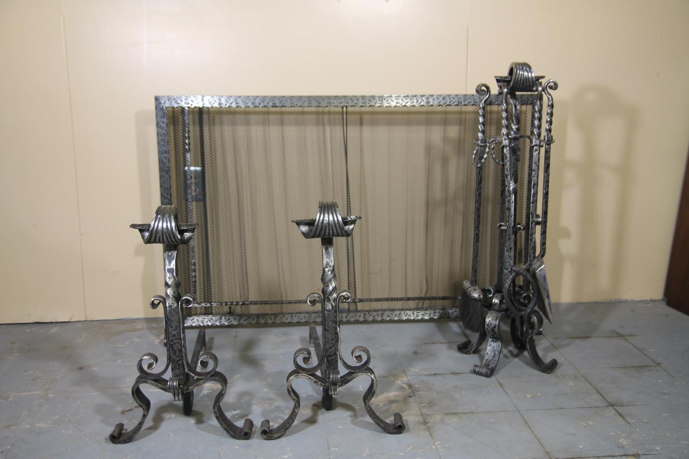 Hand Wrought Iron Fireplace set, Screen, Tools and Andirons