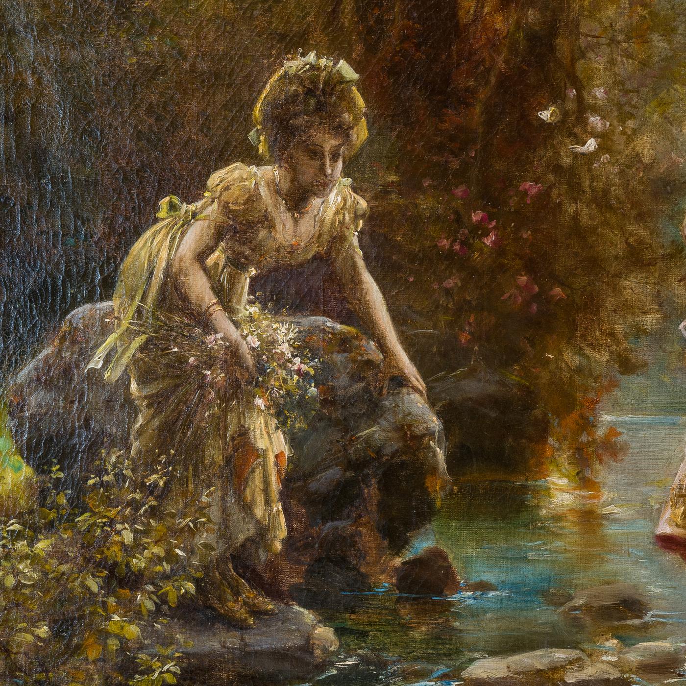 Hans Zatzka - A Fine Oil Painting of Two Beauties Crossing the Stream