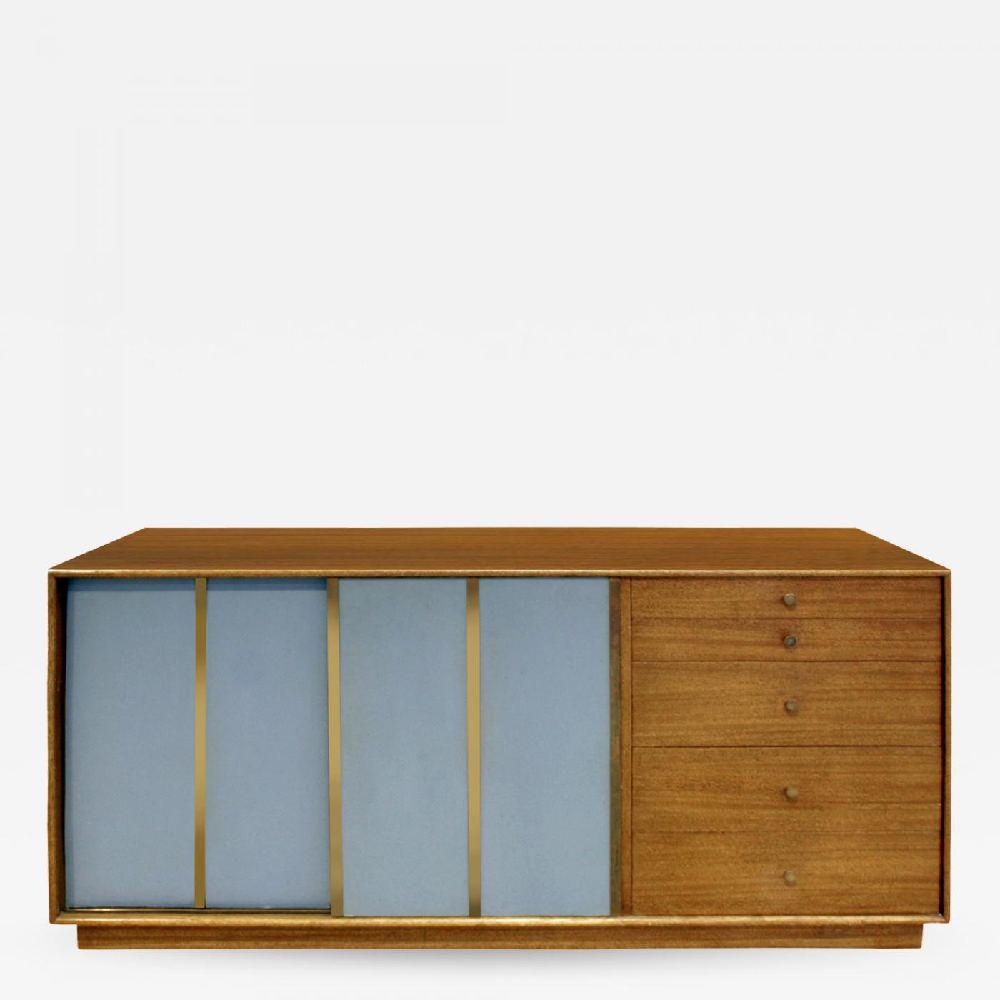 Harvey Probber Gany Credenza With Blue Leather Sliding Doors 1950s Signed