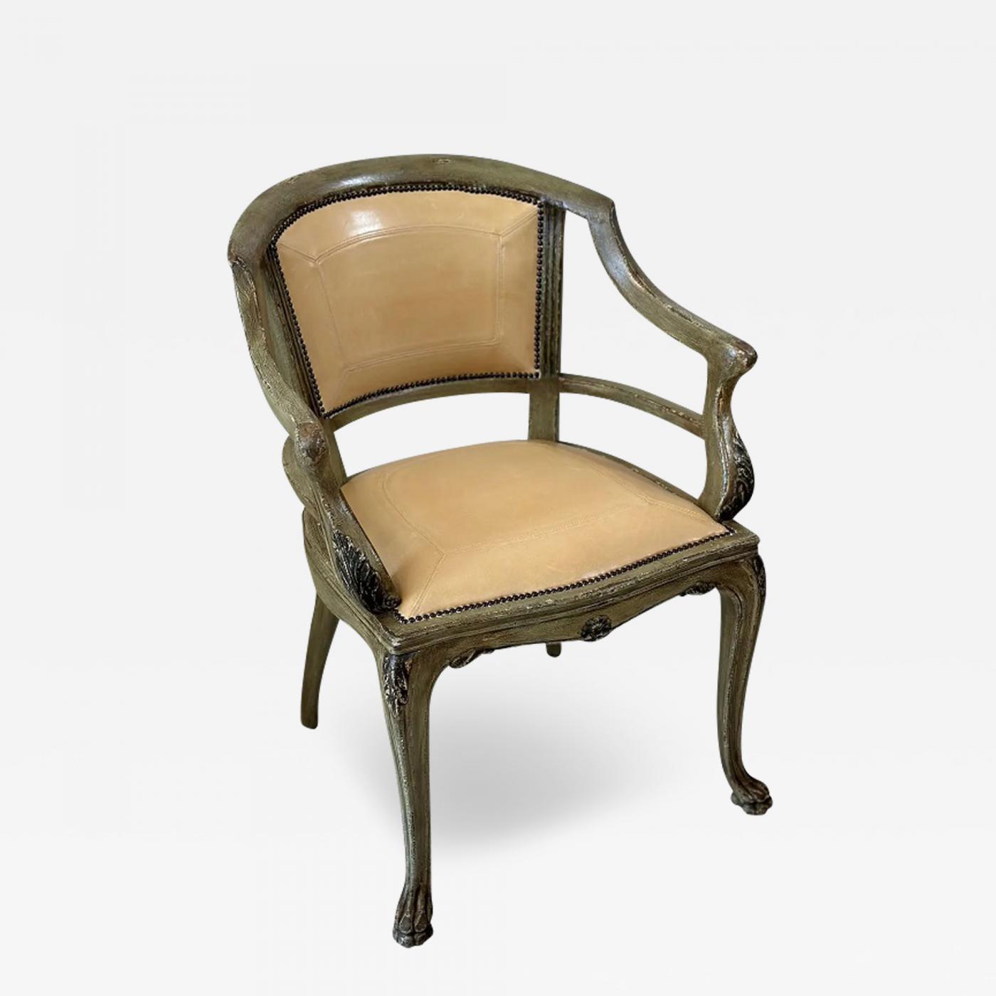 Hendrix Allardyce 18th C Style Carved Italian Leather Arm Chair