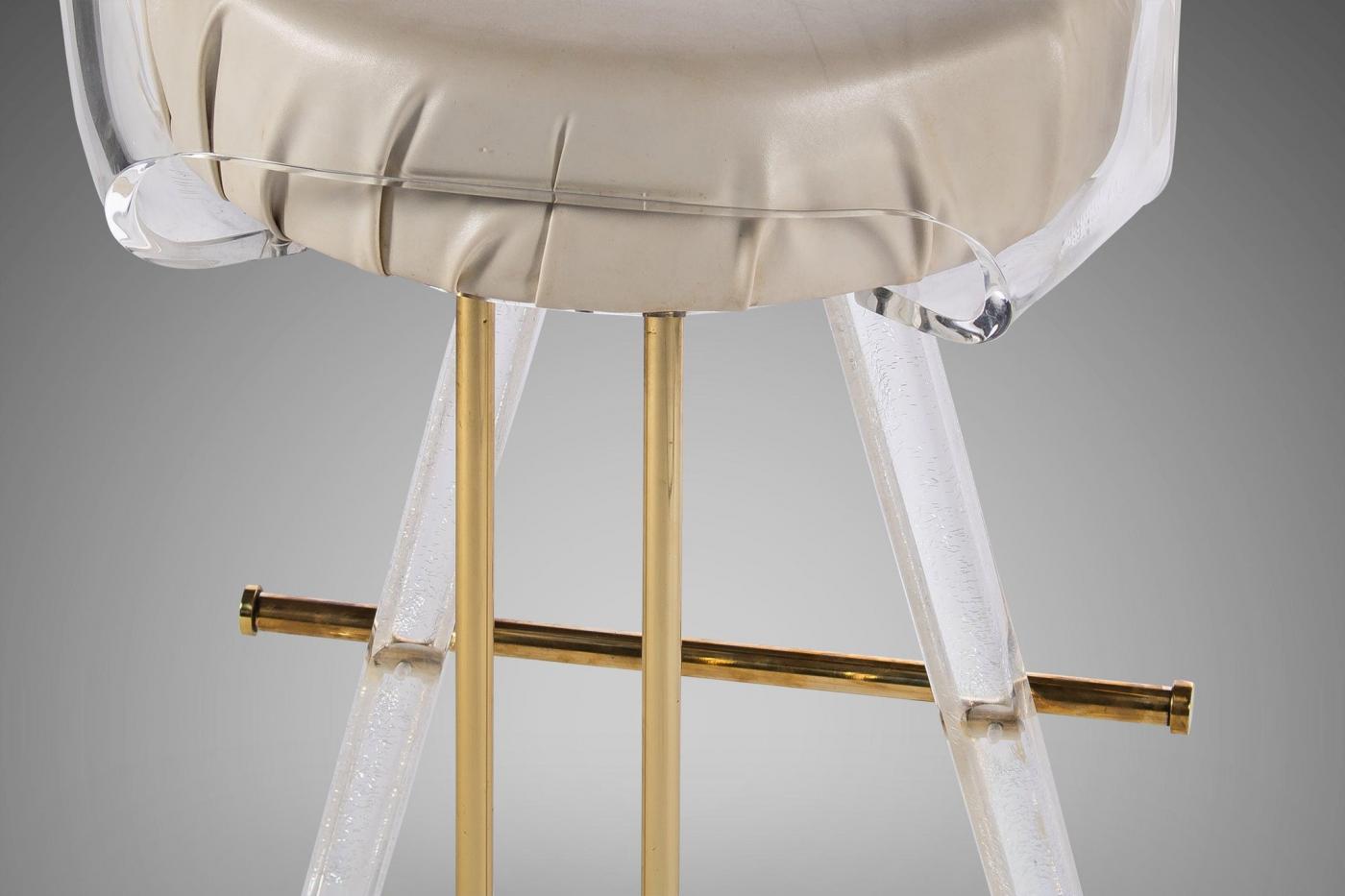 Hollywood Regency Bar Stool / Drafting Stool in Lucite and Brass